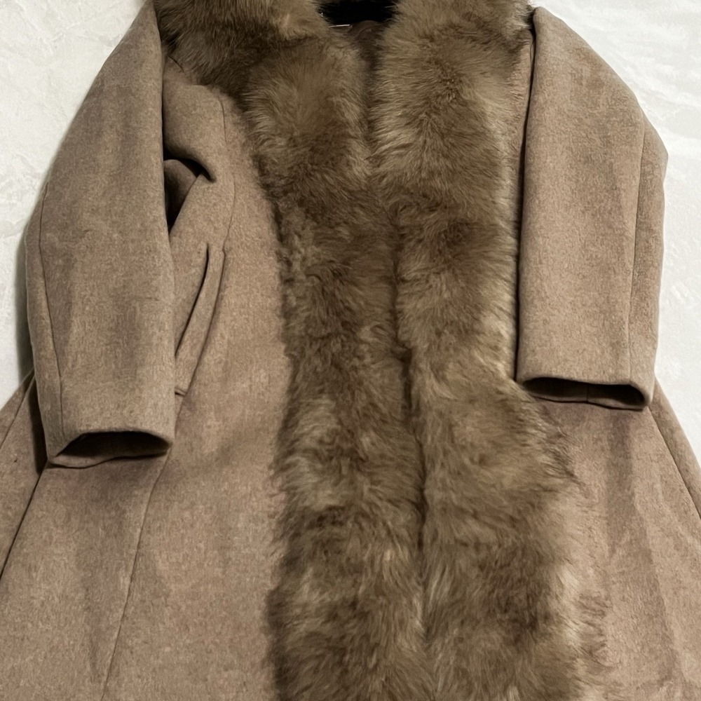 Marciano By Guess Wool Blend Coat Womens Size‎ 2 Tan Camel Faux Fur Trim Belted - Picture 3 of 16